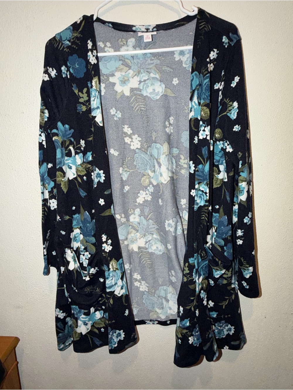LuLaRoe Black Floral Open Cardigan with Blue and White Flowers